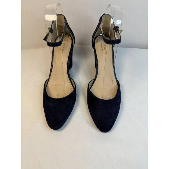 Cole Haan Grand Os Lara Womens Size 7.5 Navy Blue Wedges Ankle Strap Suede Pump - Picture 2 of 12